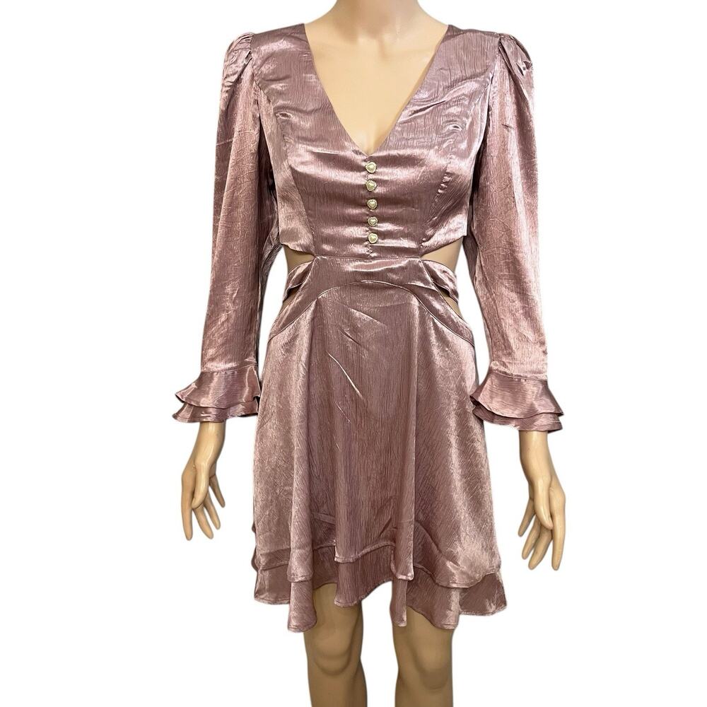 Rahi Metallic Luster Mini Dress L/XL Mauve Pink 3/4 Sleeve Cutout Fit And Flare